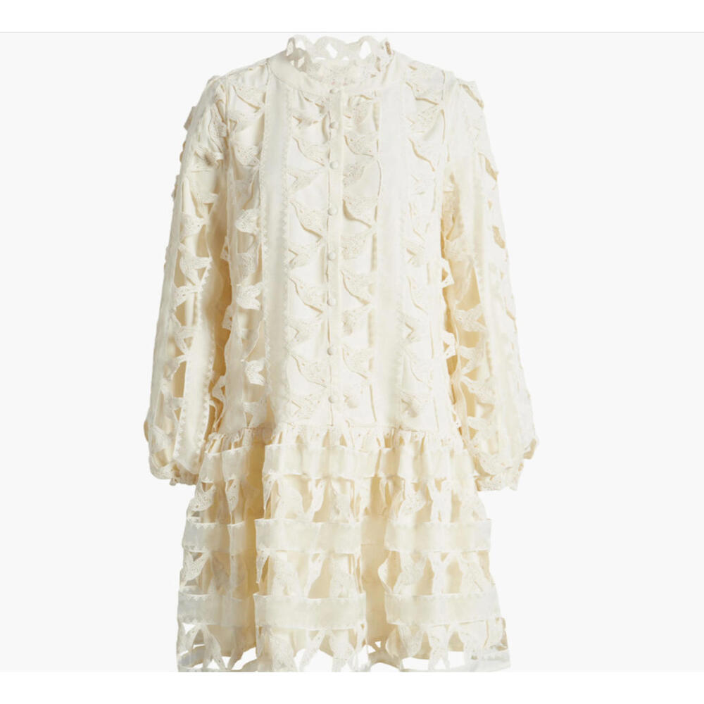 Women's Cream Lace Tiered Long-Sleeve Dress